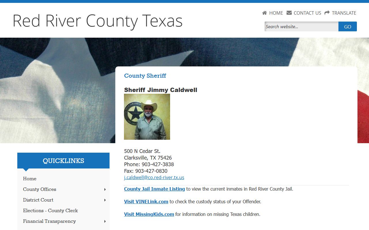 Red River County Sheriff page with jail roster and custody links